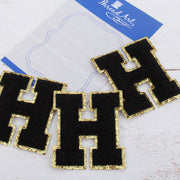 Black Chenille Letter Patches - Set of 3 Letters - Large 8 cm Chenille with Gold Glitter - Threadart.com