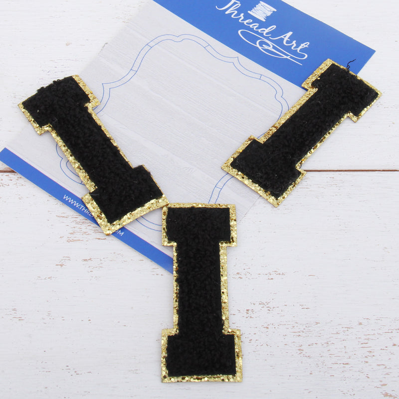 Black Chenille Letter Patches - Set of 3 Letters - Large 8 cm Chenille with Gold Glitter - Threadart.com