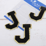 Black Chenille Letter Patches - Set of 3 Letters - Large 8 cm Chenille with Gold Glitter - Threadart.com