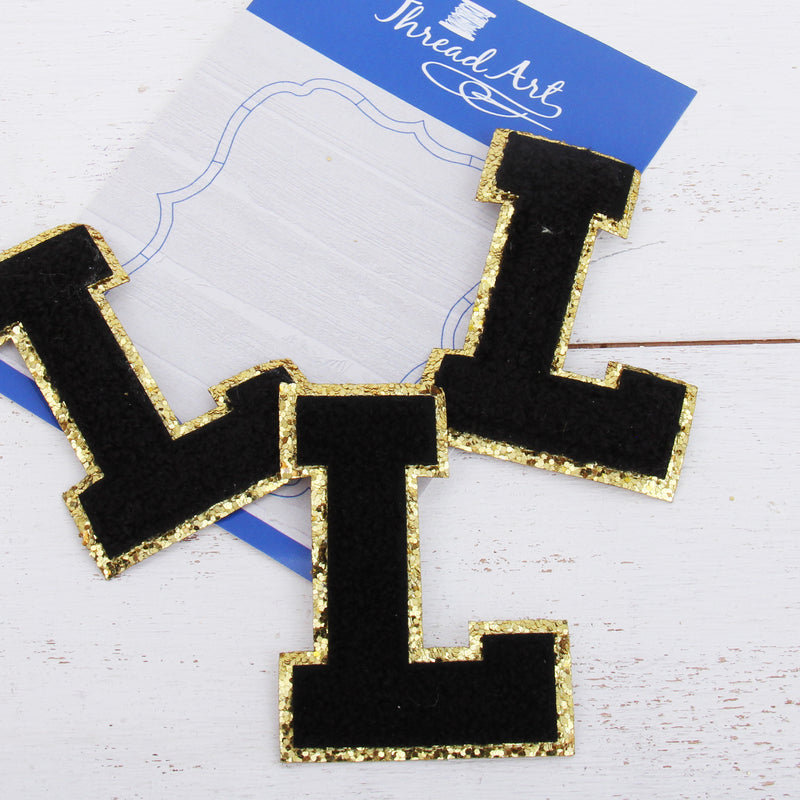 Black Chenille Letter Patches - Set of 3 Letters - Large 8 cm Chenille with Gold Glitter - Threadart.com