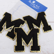 Black Chenille Letter Patches - Set of 3 Letters - Large 8 cm Chenille with Gold Glitter - Threadart.com