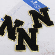 Black Chenille Letter Patches - Set of 3 Letters - Large 8 cm Chenille with Gold Glitter - Threadart.com