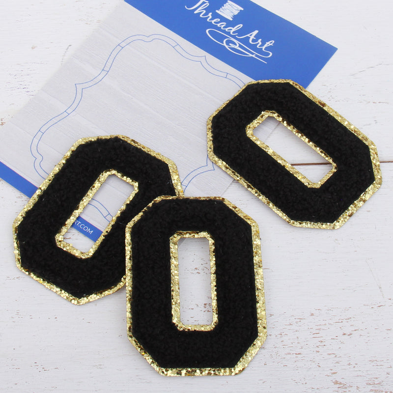 Black Chenille Letter Patches - Set of 3 Letters - Large 8 cm Chenille with Gold Glitter - Threadart.com