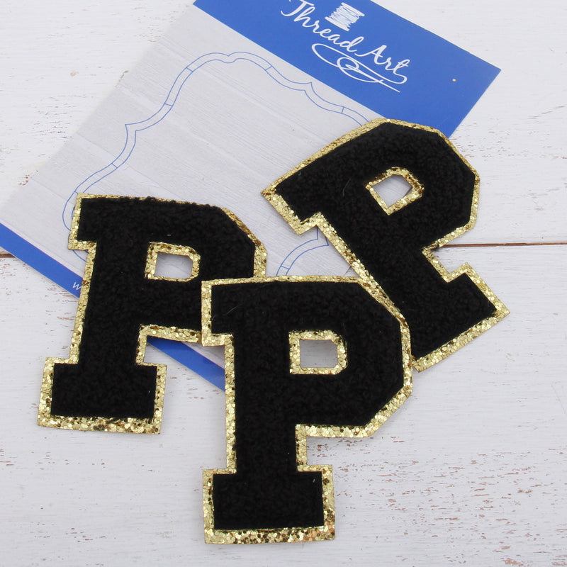 Black Chenille Letter Patches - Set of 3 Letters - Large 8 cm Chenille with Gold Glitter - Threadart.com