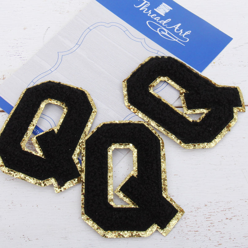 Black Chenille Letter Patches - Set of 3 Letters - Large 8 cm Chenille with Gold Glitter - Threadart.com