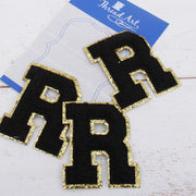 Black Chenille Letter Patches - Set of 3 Letters - Large 8 cm Chenille with Gold Glitter - Threadart.com