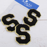 Black Chenille Letter Patches - Set of 3 Letters - Large 8 cm Chenille with Gold Glitter - Threadart.com