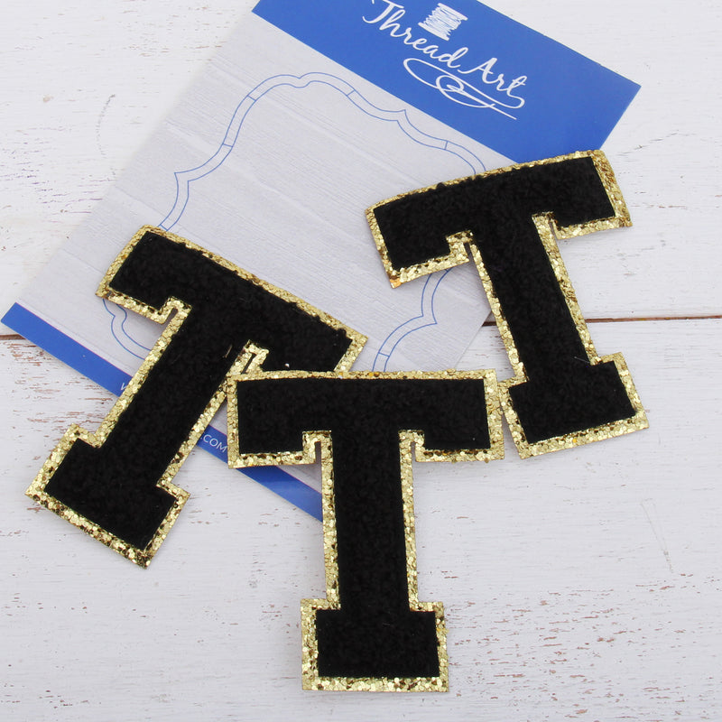 Black Chenille Letter Patches - Set of 3 Letters - Large 8 cm Chenille with Gold Glitter - Threadart.com
