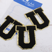Black Chenille Letter Patches - Set of 3 Letters - Large 8 cm Chenille with Gold Glitter - Threadart.com