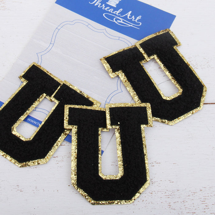 Black Iron On Varsity Letter Patches - Set of 3 Small 5.5 cm Chenille with Gold Glitter - Threadart.com