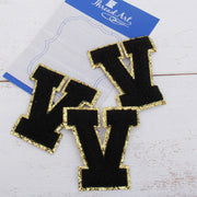 Black Chenille Letter Patches - Set of 3 Letters - Large 8 cm Chenille with Gold Glitter - Threadart.com