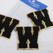 Black Chenille Letter Patches - Set of 3 Letters - Large 8 cm Chenille with Gold Glitter - Threadart.com