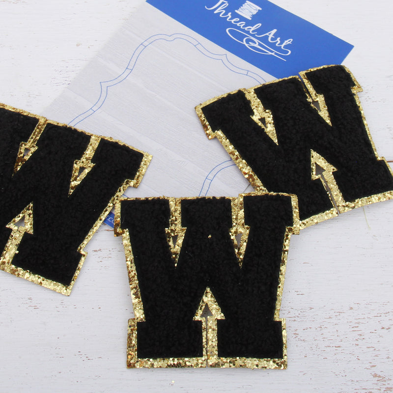 Black Chenille Letter Patches - Set of 3 Letters - Large 8 cm Chenille with Gold Glitter - Threadart.com