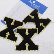 Black Chenille Letter Patches - Set of 3 Letters - Large 8 cm Chenille with Gold Glitter - Threadart.com