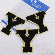 Black Chenille Letter Patches - Set of 3 Letters - Large 8 cm Chenille with Gold Glitter - Threadart.com