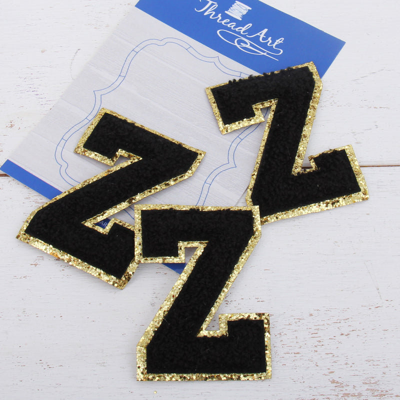 Black Chenille Letter Patches - Set of 3 Letters - Large 8 cm Chenille with Gold Glitter - Threadart.com
