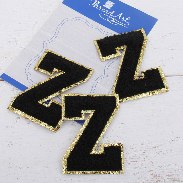 Black Iron On Varsity Letter Patches - Set of 3 Letters - Large 8 cm  Chenille with Gold GlitterL