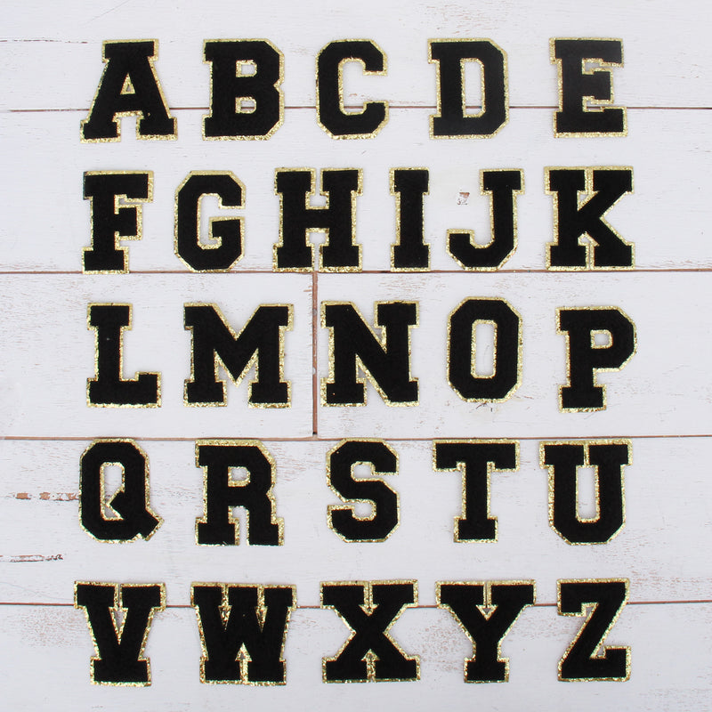 Black Chenille Letter Patches - Set of 3 Letters - Large 8 cm Chenille with Gold Glitter - Threadart.com