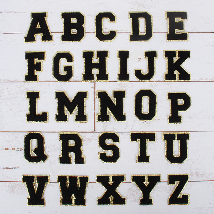 26 Letter Set of Black Iron On Varsity Letter Patches - Full Alphabet -  Small 5.5 cm Chenille with Gold Glitter
