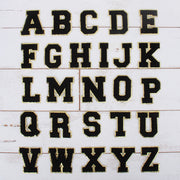 Black Chenille Letter Patches - Set of 3 Iron-On Letters - Small 5.5 cm Chenille with Gold Glitter - Threadart.com