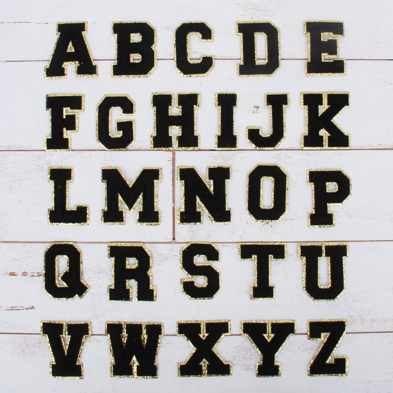 Black Chenille Letter Patches - Set of 3 Iron-On Letters - Small 5.5 cm Chenille with Gold Glitter - Threadart.com