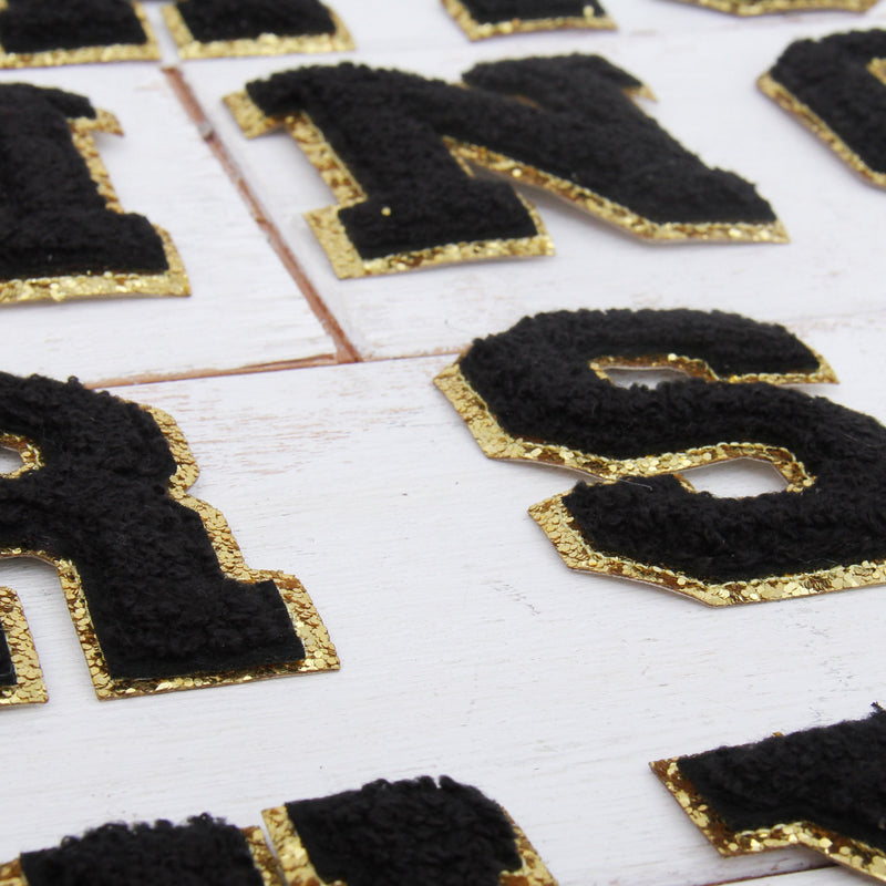 26 Black Chenille Letter Patches - Iron-On Full Alphabet - Small 5.5 cm Chenille with Gold Glitter - Threadart.com