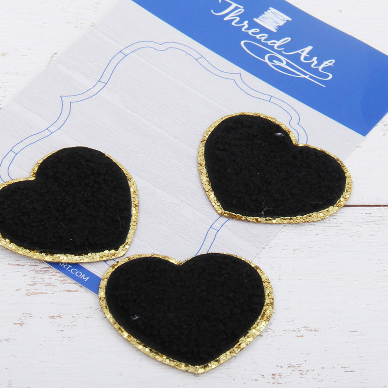 Iron On Chenille Patches - Set of 3 Hearts Chenille with Gold Glitter - Six Different Colors - Threadart.com