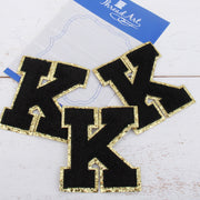 Black Chenille Letter Patches - Set of 3 Letters - Large 8 cm Chenille with Gold Glitter - Threadart.com