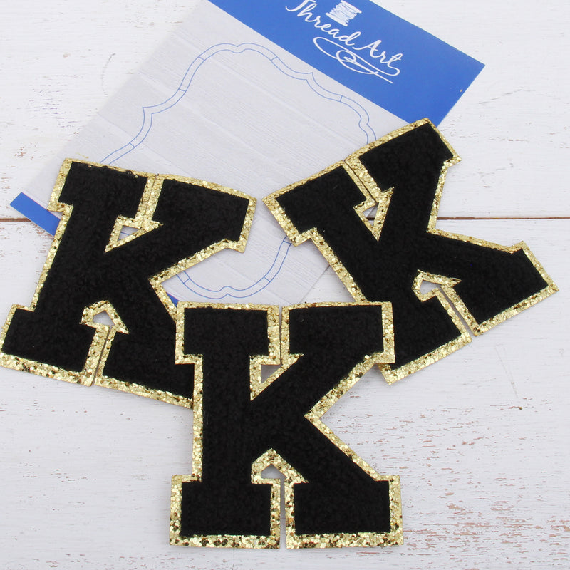 Black Chenille Letter Patches - Set of 3 Letters - Large 8 cm Chenille with Gold Glitter - Threadart.com