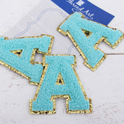 Blue Chenille Letter Patches - Set of 3 Letters - Large 8 cm Chenille with Gold Glitter - Threadart.com