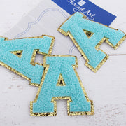 Blue Chenille Letter Patches - Set of 3 Iron-On Letters - Small 5.5 cm Chenille with Gold Glitter - Threadart.com