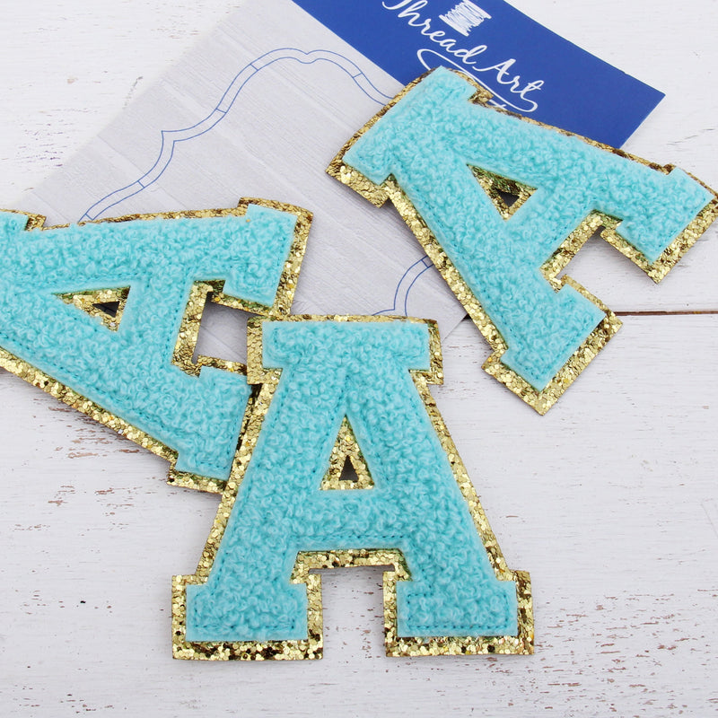 Blue Chenille Letter Patches - Set of 3 Iron-On Letters - Small 5.5 cm Chenille with Gold Glitter - Threadart.com