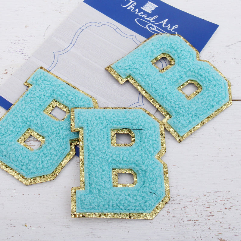 Blue Chenille Letter Patches - Set of 3 Iron-On Letters - Small 5.5 cm Chenille with Gold Glitter - Threadart.com