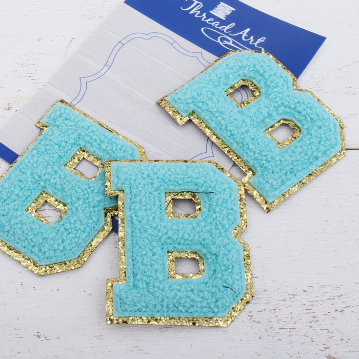 Blue Iron On Varsity Letter Patches - Set of 3 - Small 5.5 cm Chenille with  Gold GlitterK