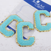 Blue Chenille Letter Patches - Set of 3 Iron-On Letters - Small 5.5 cm Chenille with Gold Glitter - Threadart.com