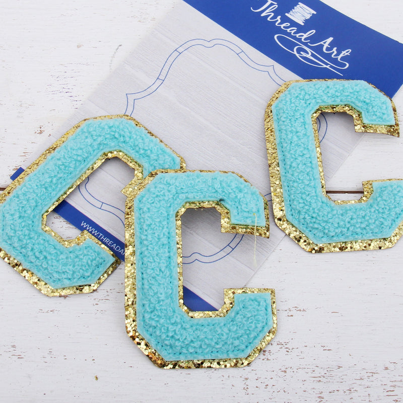 Blue Chenille Letter Patches - Set of 3 Iron-On Letters - Small 5.5 cm Chenille with Gold Glitter - Threadart.com