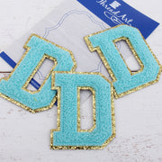 Blue Chenille Letter Patches - Set of 3 Letters - Large 8 cm Chenille with Gold Glitter - Threadart.com