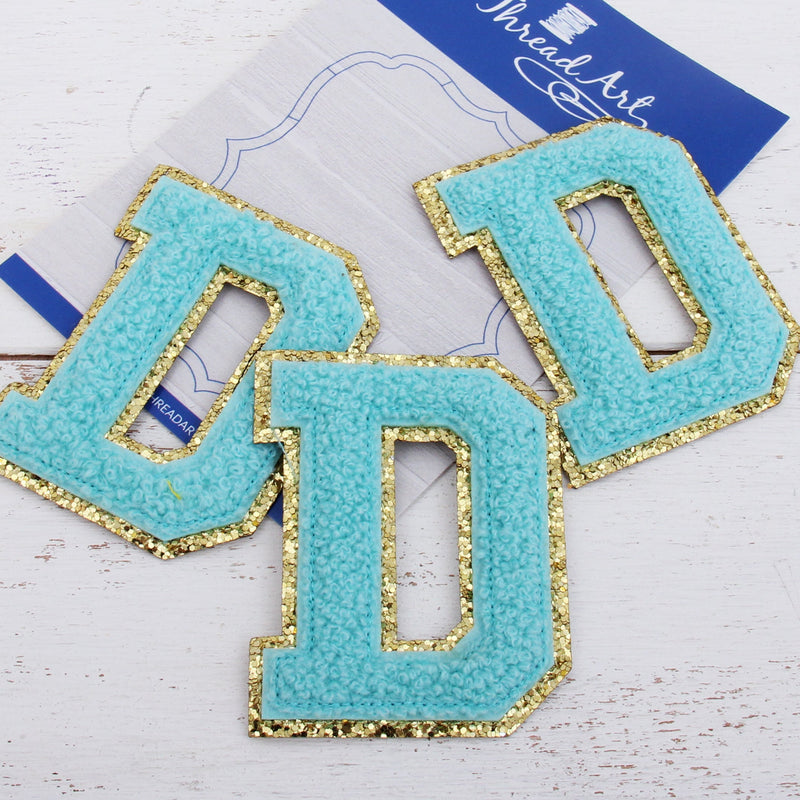 Blue Chenille Letter Patches - Set of 3 Iron-On Letters - Small 5.5 cm Chenille with Gold Glitter - Threadart.com