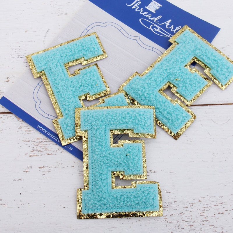 Blue Chenille Letter Patches - Set of 3 Iron-On Letters - Small 5.5 cm Chenille with Gold Glitter - Threadart.com