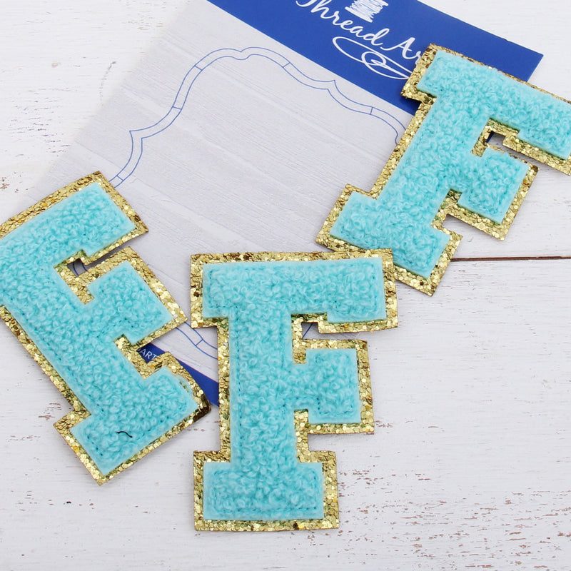 Blue Chenille Letter Patches - Set of 3 Iron-On Letters - Small 5.5 cm Chenille with Gold Glitter - Threadart.com