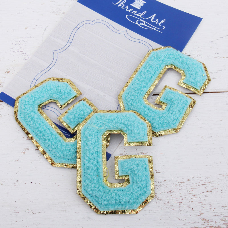Blue Chenille Letter Patches - Set of 3 Letters - Large 8 cm Chenille with Gold Glitter - Threadart.com