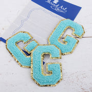 Blue Chenille Letter Patches - Set of 3 Iron-On Letters - Small 5.5 cm Chenille with Gold Glitter - Threadart.com