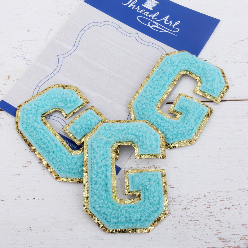Blue Chenille Letter Patches - Set of 3 Iron-On Letters - Small 5.5 cm Chenille with Gold Glitter - Threadart.com