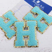 Blue Chenille Letter Patches - Set of 3 Iron-On Letters - Small 5.5 cm Chenille with Gold Glitter - Threadart.com