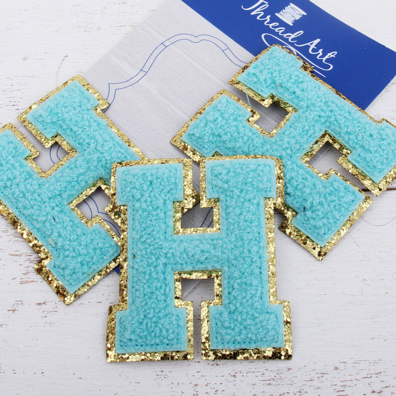 Blue Chenille Letter Patches - Set of 3 Iron-On Letters - Small 5.5 cm Chenille with Gold Glitter - Threadart.com