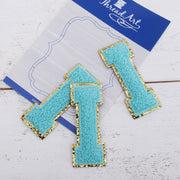 Blue Chenille Letter Patches - Set of 3 Iron-On Letters - Small 5.5 cm Chenille with Gold Glitter - Threadart.com
