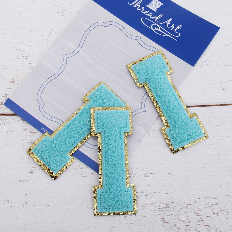 Blue Chenille Letter Patches - Set of 3 Iron-On Letters - Small 5.5 cm Chenille with Gold Glitter - Threadart.com
