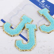 Blue Chenille Letter Patches - Set of 3 Iron-On Letters - Small 5.5 cm Chenille with Gold Glitter - Threadart.com
