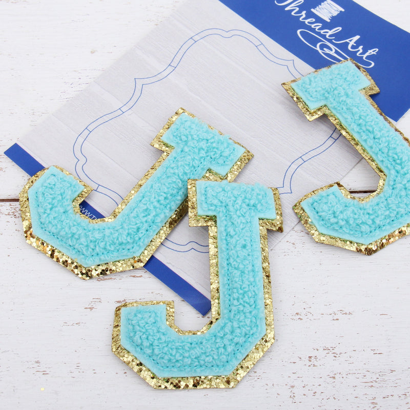 Blue Chenille Letter Patches - Set of 3 Iron-On Letters - Small 5.5 cm Chenille with Gold Glitter - Threadart.com