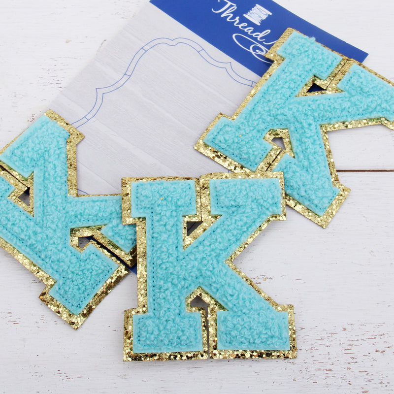Blue Chenille Letter Patches - Set of 3 Letters - Large 8 cm Chenille with Gold Glitter - Threadart.com